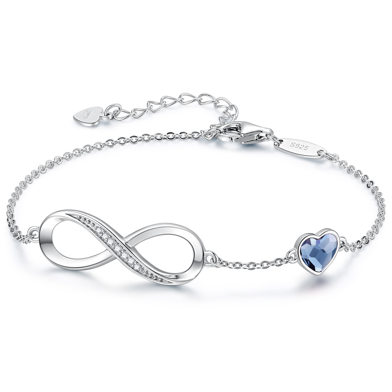 Infinity Heart Birthstone Charm Link Bracelet for Women 925 Sterling Silver Adjustable Mother's Day Gift Anniversary Birthday Jewelry for Wife Girlfriend Her