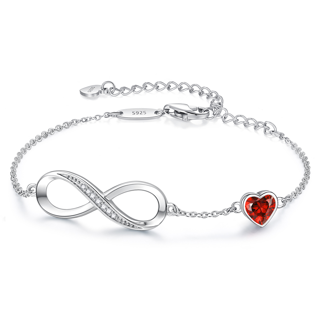 Infinity Heart Birthstone Charm Link Bracelet for Women 925 Sterling Silver Adjustable Mother's Day Gift Anniversary Birthday Jewelry for Wife Girlfriend Her