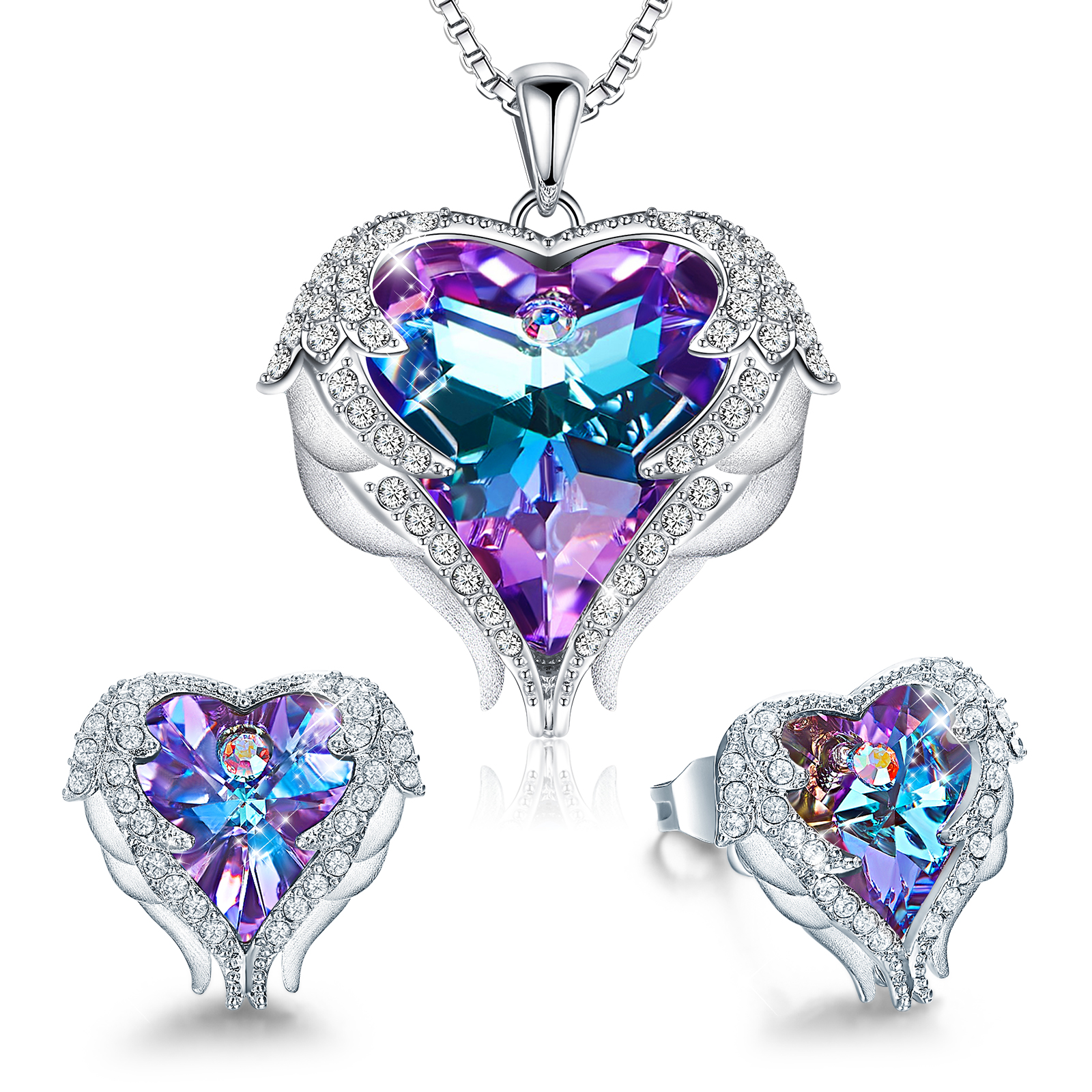 Jewelry Set for Women, Angle Wing Heart Pendant Necklaces and Earrings with Birthstone， Birthday/Anniversary Christmas Jewelry Gifts for Women Mom/Wife